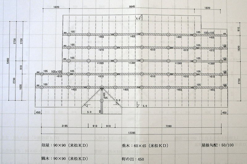 プレカット図の例 (2)モヤ・タルキ・屋根の伏図