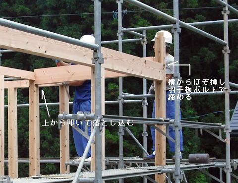 棟上げ作業　梁の右側端部は横から柱にほぞ挿し　後に羽子板ボルト締め