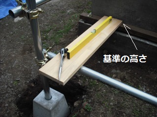 板と水平器を使い、単管パイプ梁の高さを水平に調整する