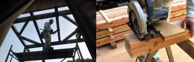 丸鋸で木材をカットし、構造材を組み立てる